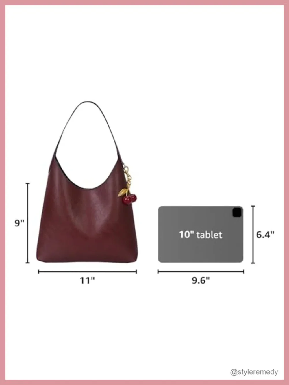Vegan Leather Hobo Bag with Cherry Charm Slouchy Shoulder Tote